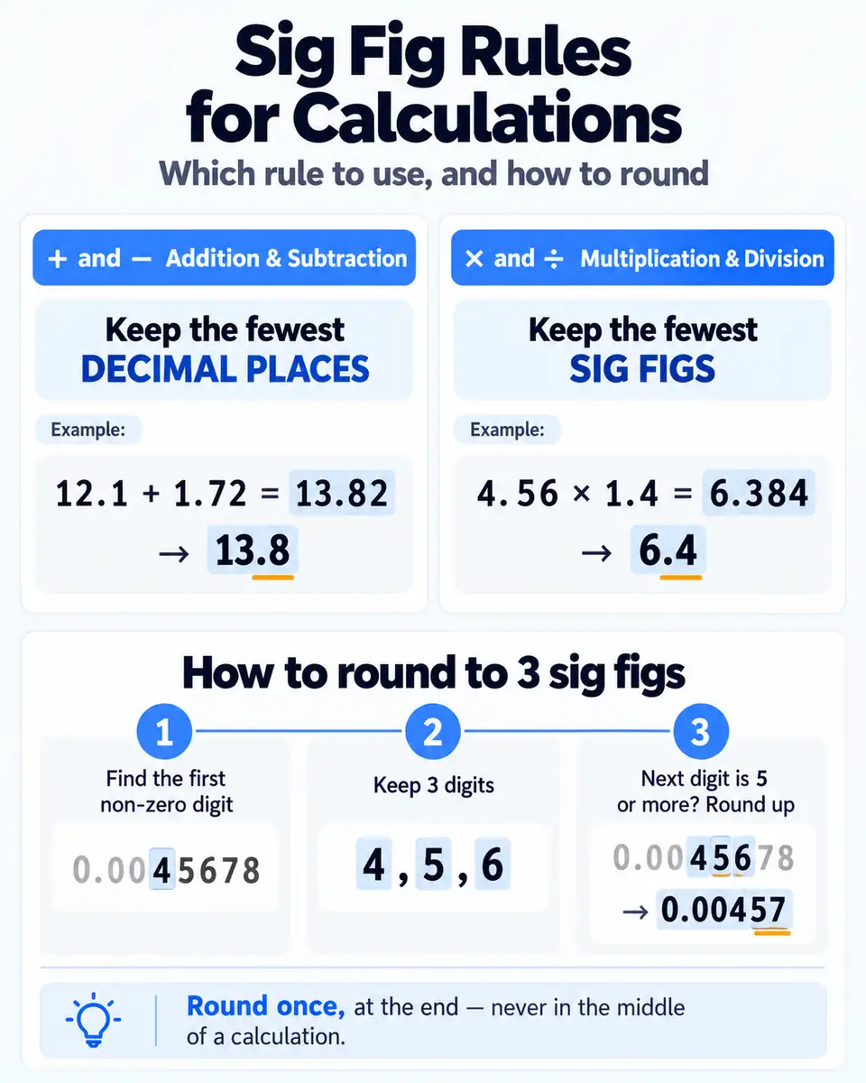 Infographic comparing sig fig rules for addition and multiplication, with a 3-step example rounding 0.0045678 to 0.00457